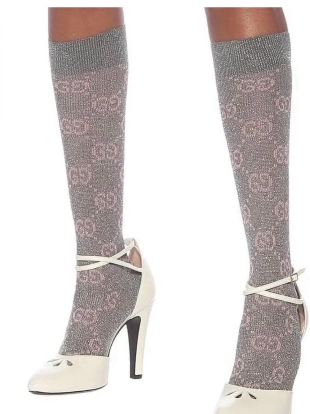 NWT GUCCI. SILVER/PINK METALLIC KNEE HIGHT SOCKS